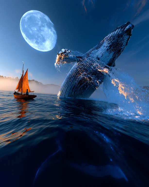 A majestic humpback whale breaches dramatically from the ocean's