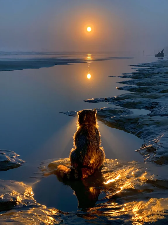 A raccoon sits on a muddy shore, facing the setting sun over the ocean