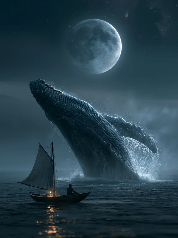 A colossal humpback whale breaches dramatically from the dark ocean