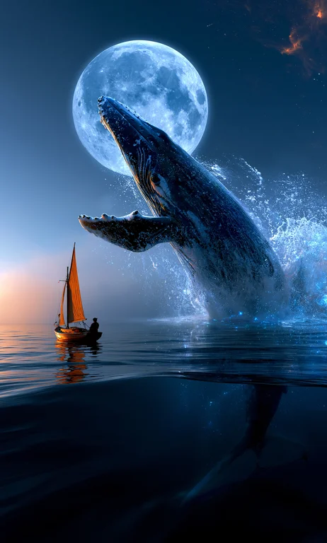 A majestic humpback whale breaches from the ocean's surface,