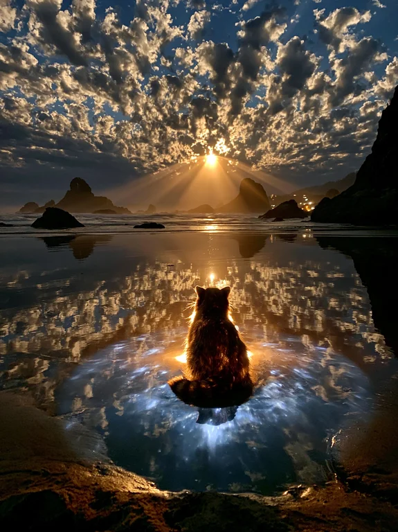 A fluffy cat sits on a wet beach, silhouetted against a dramatic