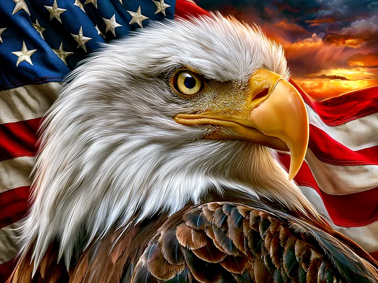 A majestic bald eagle is depicted in a close-up portrait, its