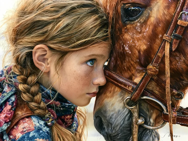 A young girl with blonde braided hair and freckles leans her forehead