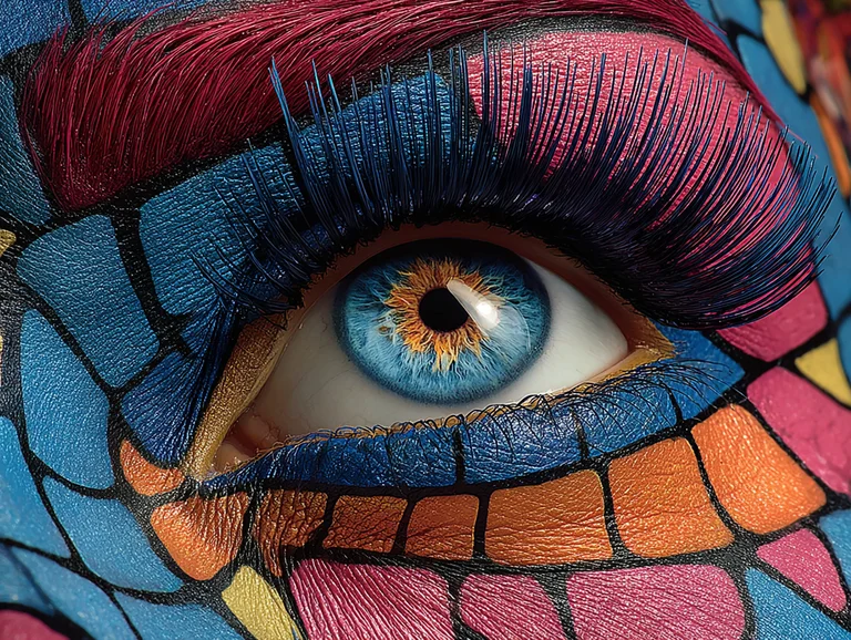 A close-up, macro shot focuses on a human eye with intricate,
