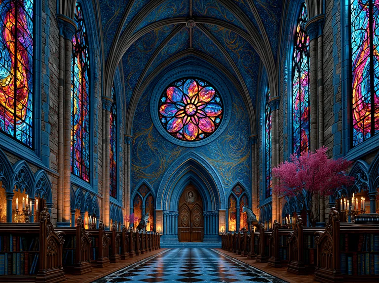 An ornate gothic cathedral interior bathed in the vibrant light