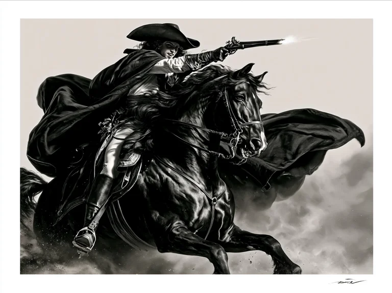 A dramatic, action-packed scene features a figure in historical