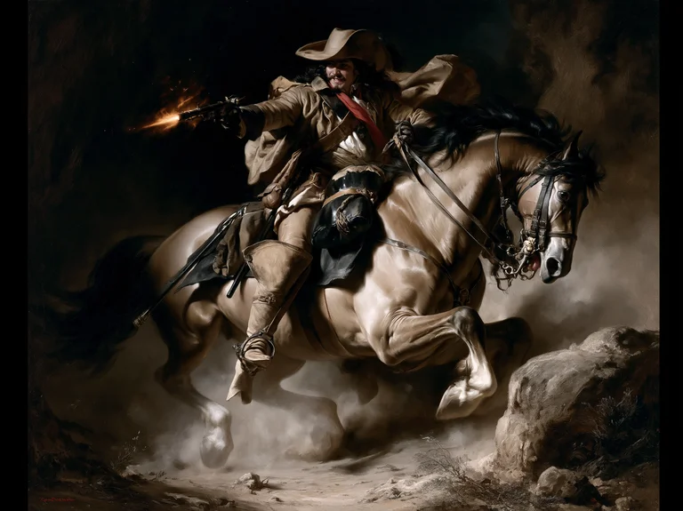 A dramatic, photorealistic painting depicts a male musketeer on