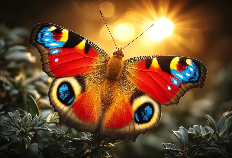 A vibrant peacock butterfly is captured in stunning detail, its wings
