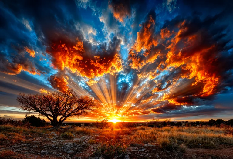 A dramatic sunset paints the sky with fiery oranges and deep blues,