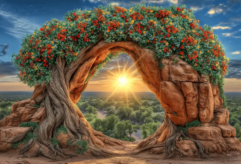 A surreal, archway-like structure formed from a massive, ancient tree