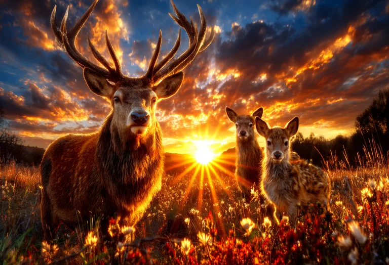 A majestic stag stands in a field of wildflowers at sunset,