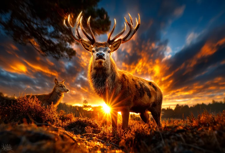 A majestic stag with large antlers stands prominently in a field