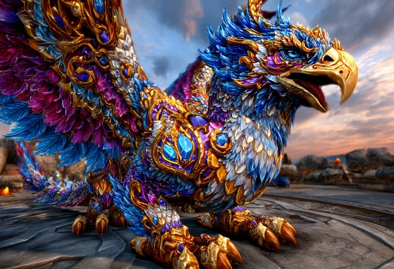 A majestic, ornate griffin-like creature with vibrant blue, purple,