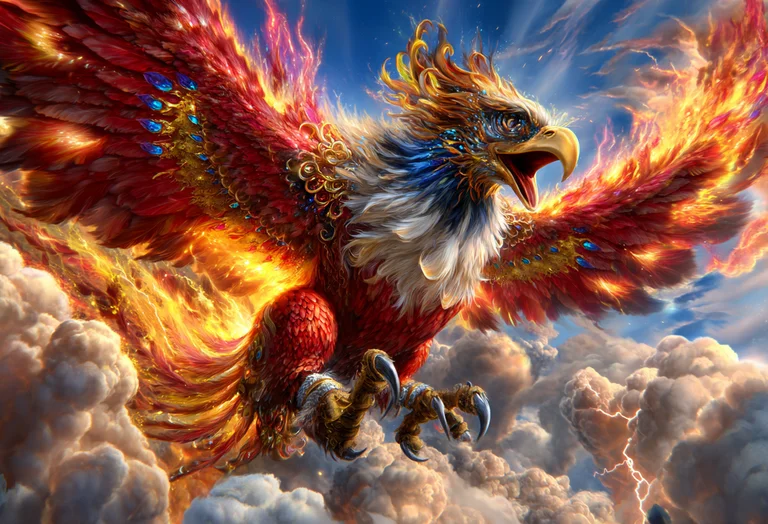 A majestic phoenix, wreathed in flames and golden light, soars