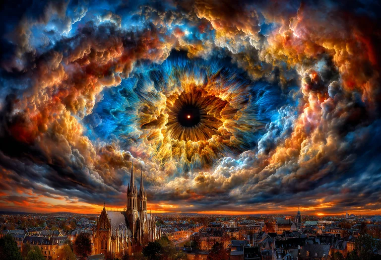 A surreal and awe-inspiring sky dominates the scene, resembling a
