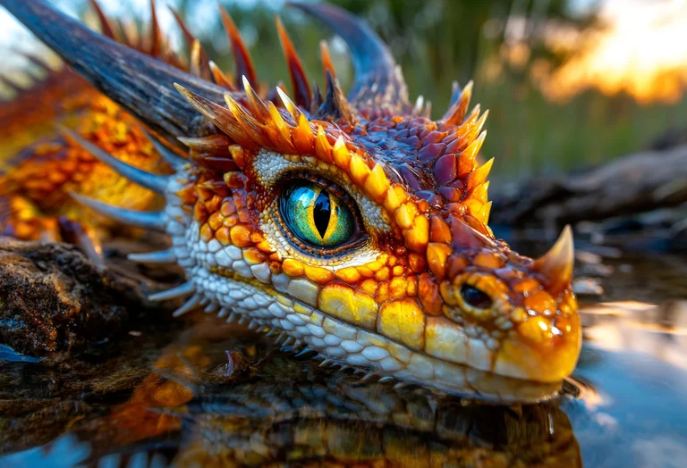 A close-up, photorealistic portrait of a dragon's head emerging from