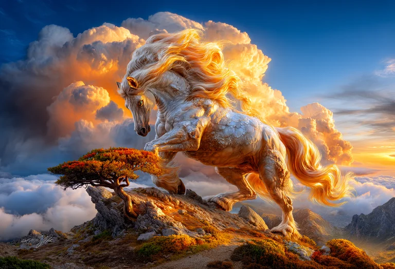 A majestic white horse with a fiery mane and tail rears up on a rocky