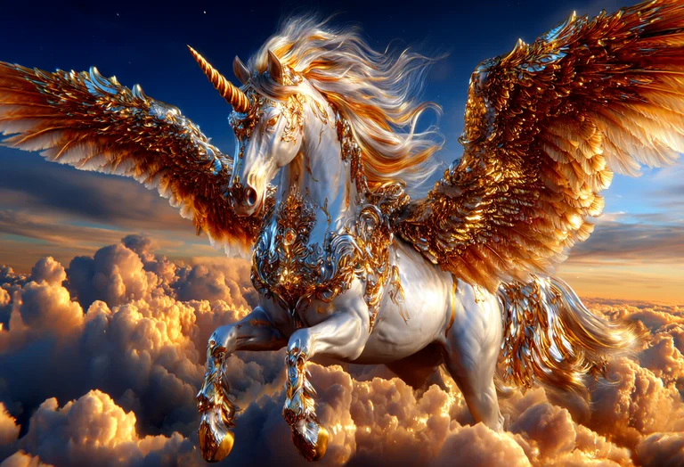 A majestic winged unicorn, adorned with intricate golden armor, soars
