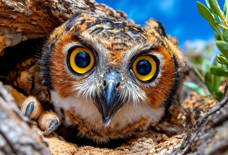A close-up, photorealistic image of a young owl peeking out from a