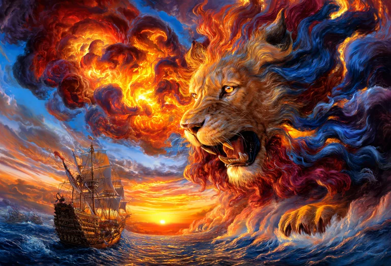 A majestic lion's head, wreathed in flames and smoke, emerges from a