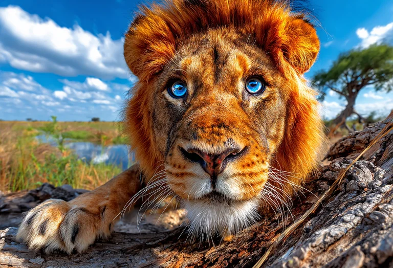 A majestic lion with striking blue eyes is captured in a close-up