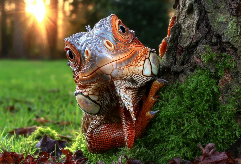 A close-up, photorealistic image of a vibrant orange and blue iguana