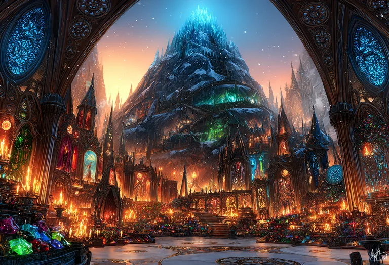 A breathtaking fantasy city is nestled at the base of a colossal,