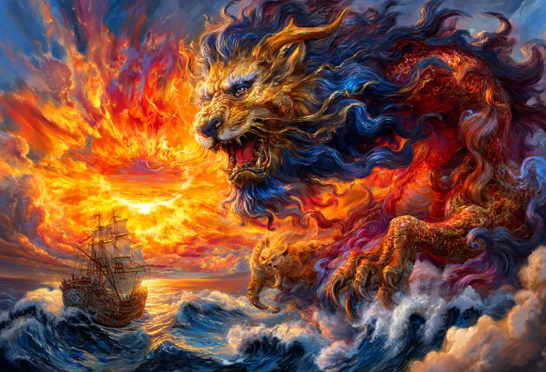 A majestic, fiery dragon-like creature with a lion's mane and scales