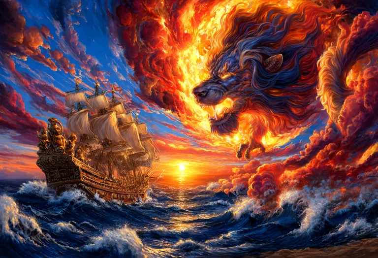 A majestic sailing ship navigates rough seas under a dramatic sky