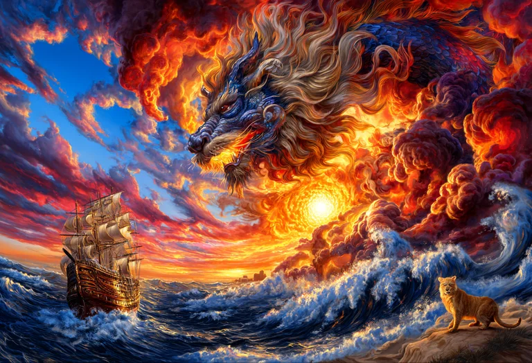 A majestic blue dragon with fiery mane looms over a stormy sea