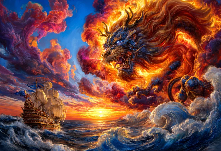 A majestic, fire-wreathed dragon looms over a sailing ship navigating