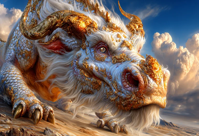 A majestic, ornate dragon with white scales and golden embellishments