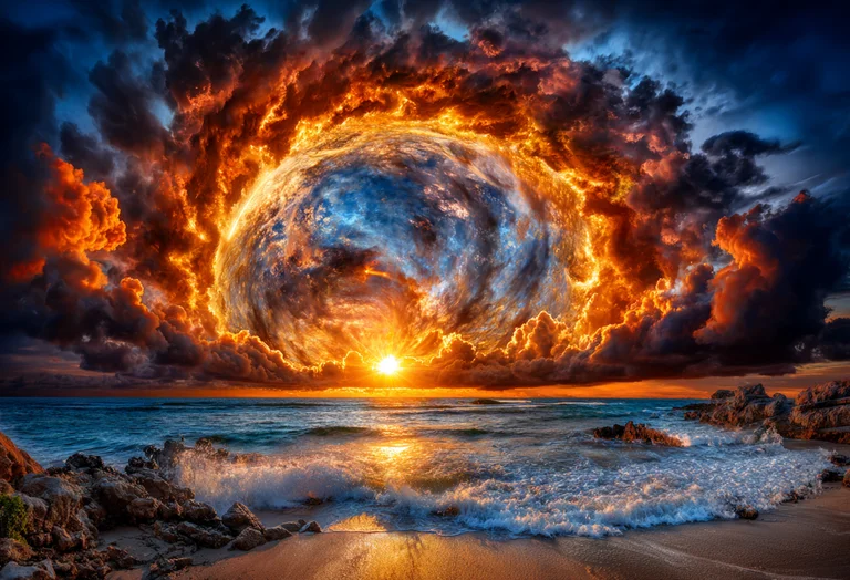 A dramatic and apocalyptic scene unfolds over a serene ocean