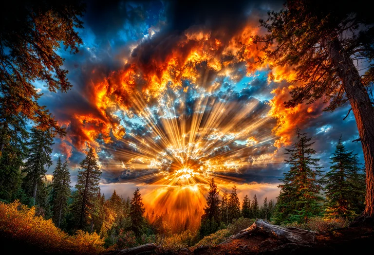 A dramatic sunset or sunrise illuminates the sky with intense orange