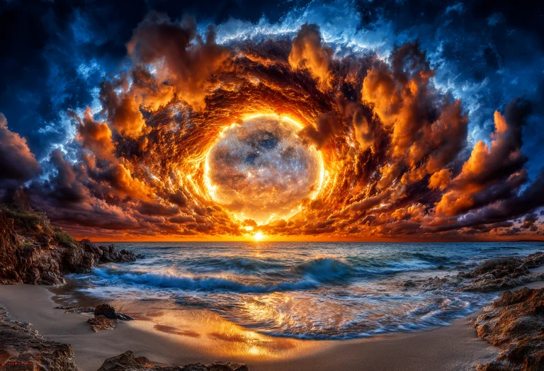 A dramatic and awe-inspiring celestial event unfolds over a serene