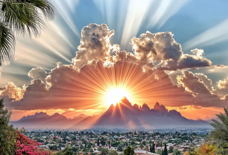 A dramatic sunset or sunrise illuminates the sky with brilliant rays