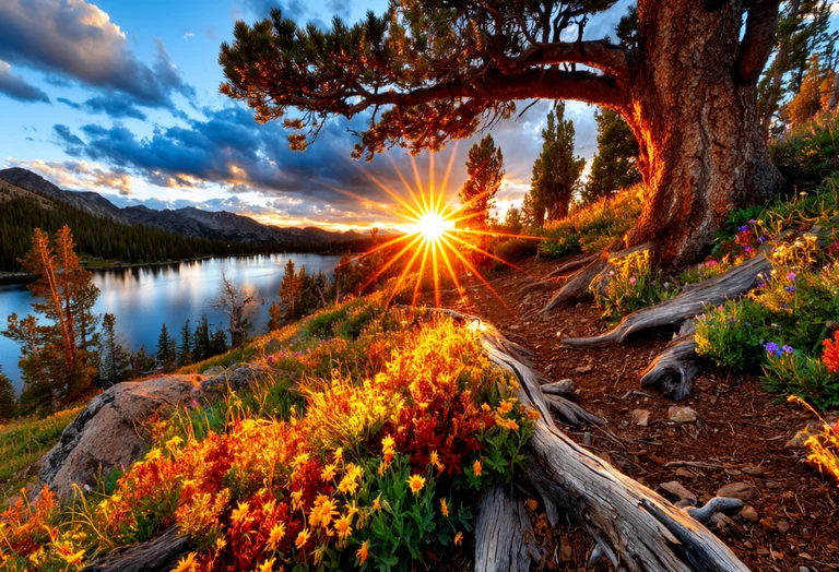 A breathtaking mountain lake scene at sunset, with the sun's rays