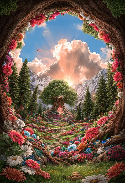 A whimsical fantasy scene unfolds within a natural frame of ancient