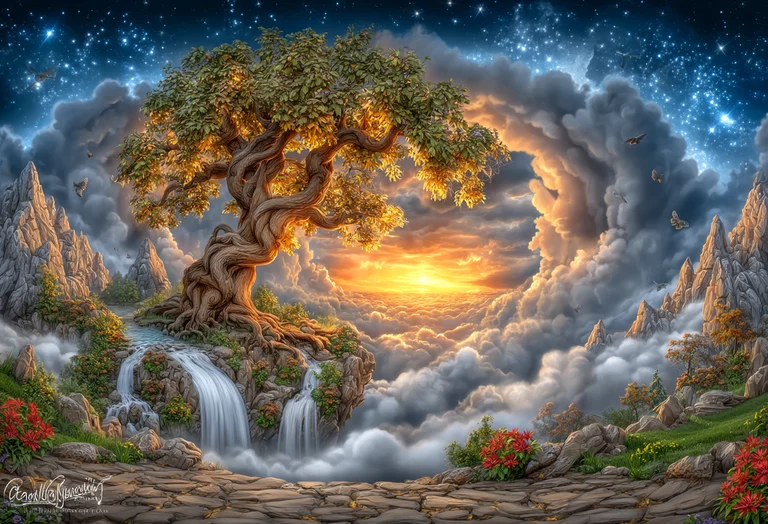 A majestic, ancient tree stands on a rocky outcrop overlooking a sea