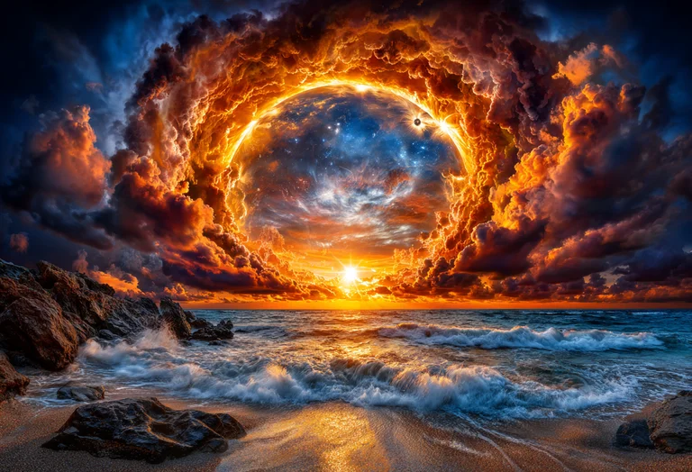 A dramatic and awe-inspiring celestial event unfolds over a rocky