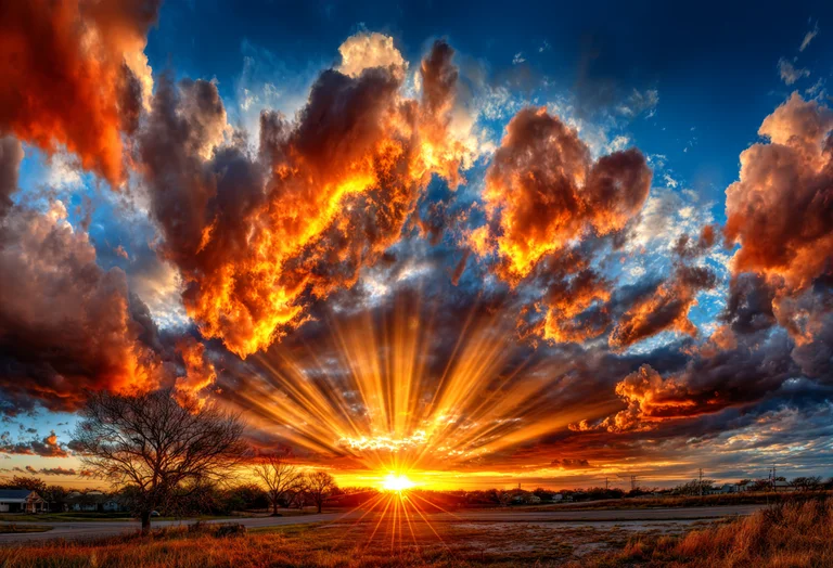 A dramatic sunset paints the sky with fiery oranges and reds, casting