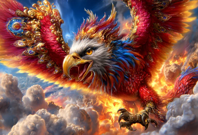 A majestic phoenix, depicted as a fiery eagle-like creature, soars