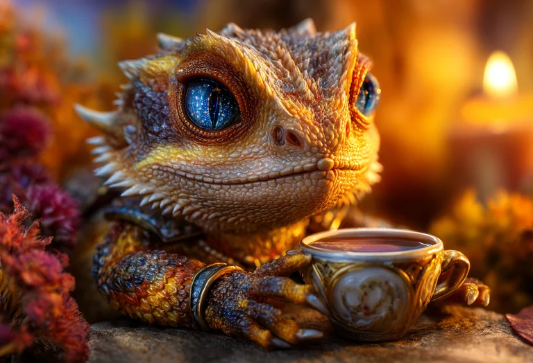 A detailed, photorealistic image of a small, anthropomorphic lizard