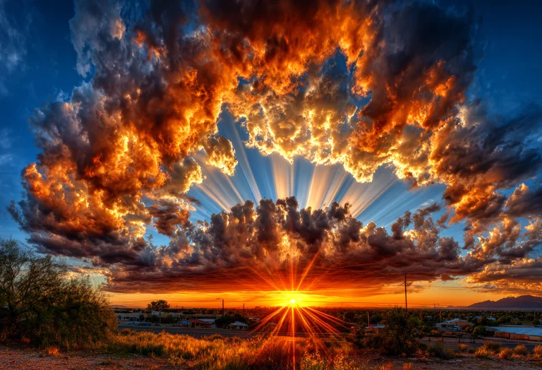 A dramatic sunset paints the sky with fiery orange and golden hues,