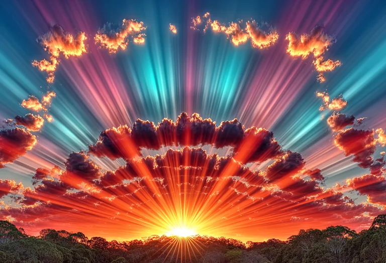A dramatic sunset or sunrise paints the sky with vibrant rays of light
