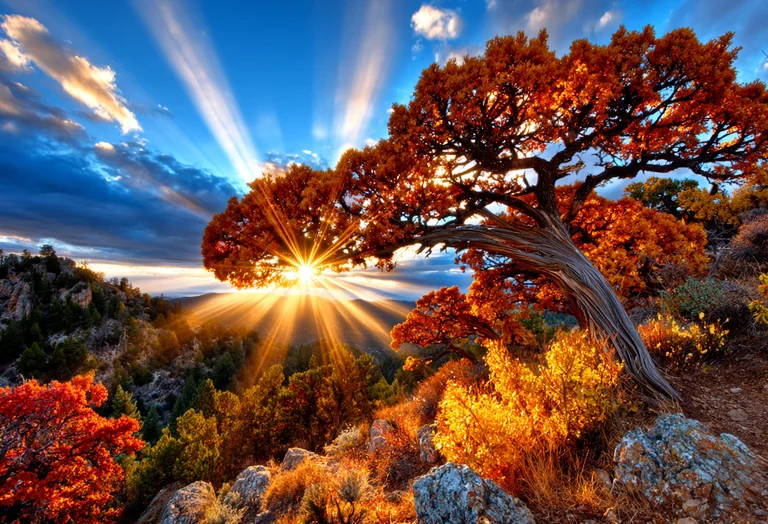 A dramatic sunset casts golden rays through the branches of a