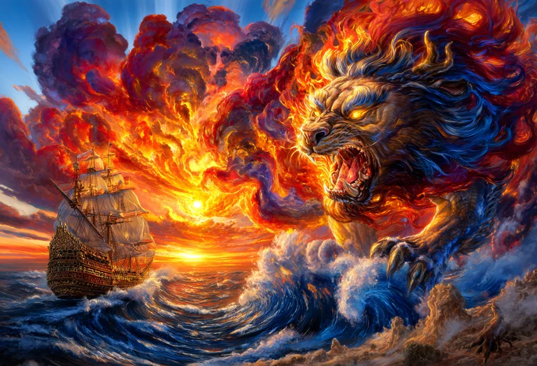 A majestic lion-like creature wreathed in flames and storm clouds