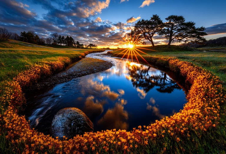 A serene landscape features a winding stream reflecting the dramatic