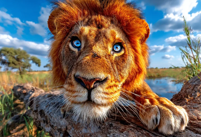 A close-up, photorealistic portrait of a majestic male lion with