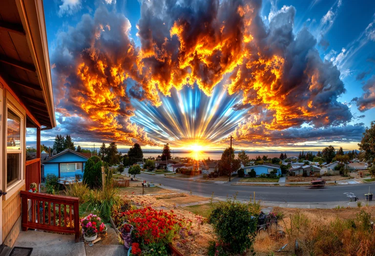 A dramatic sunset paints the sky with fiery oranges and yellows,